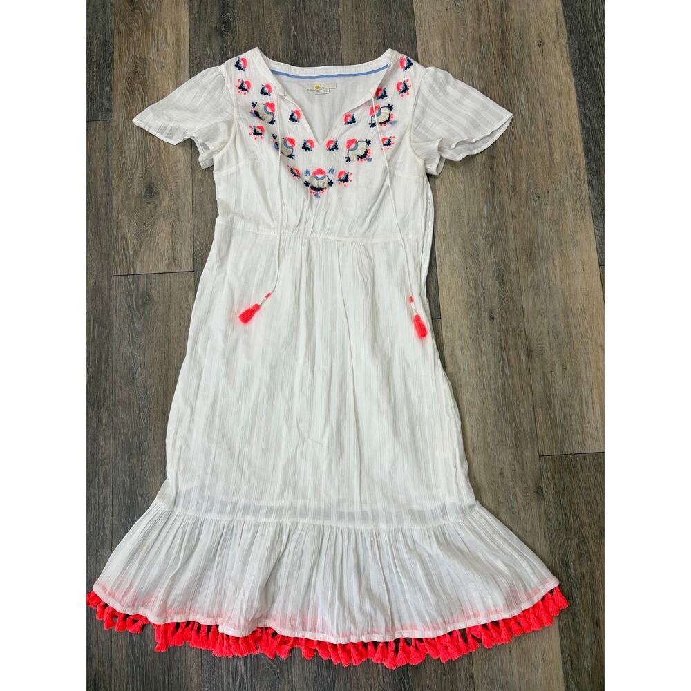 Boden Everly Dress 8 White Embroidered Tassel Boho Midi